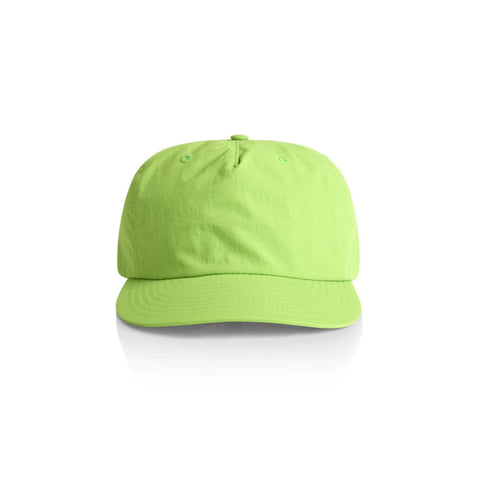 A bright green cap with a curved brim and a logo on the front.