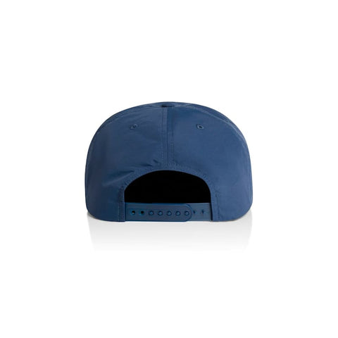 A navy blue cap featuring a snapback closure and a rear logo. The design is simple and sporty.