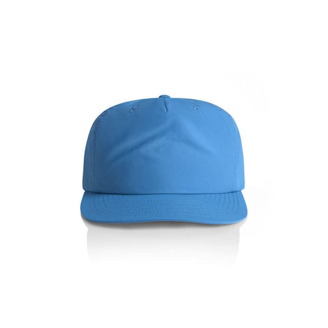 A blue cap with a curved peak and an adjustable back, featuring a logo on the front.