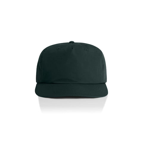 A dark green cap with a flat brim and no visible logos or branding. Features six panels and ventilation holes.