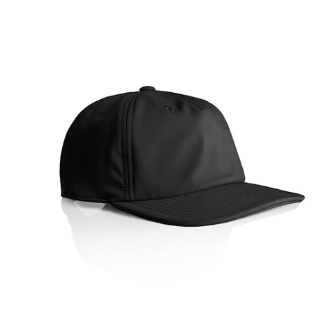A black cap with a structured design and a curved visor, featuring a logo on the front.
