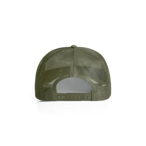 A mesh trucker cap in olive green featuring a snapback closure and a breathable mesh design.