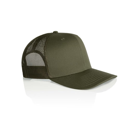 A green mesh trucker cap with a solid front and mesh sides, featuring a logo on the front panel.