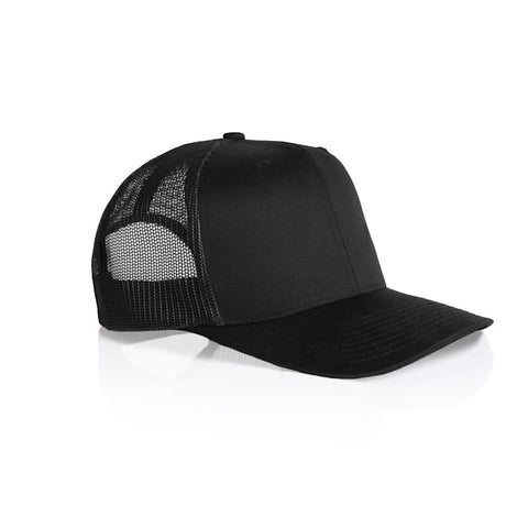 A black mesh trucker cap featuring a solid front panel and a breathable mesh back. It has a branded logo.