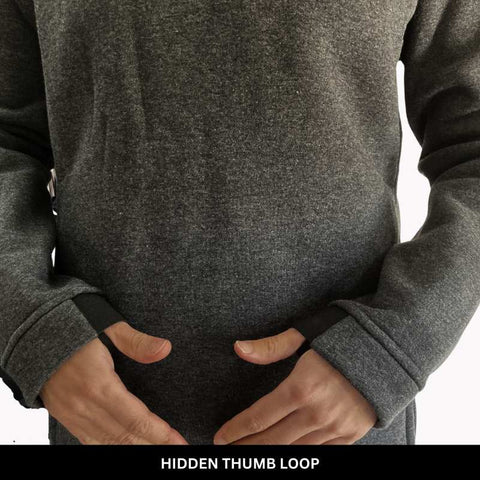 View of hidden thumb loop on fleece pullover hoodie