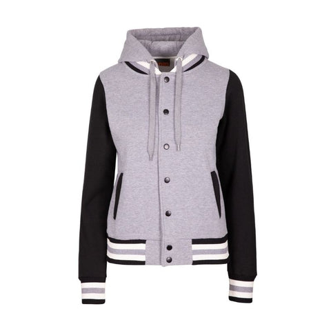 Ladies Hooded Varsity Jacket Grey Marl Black White Front View